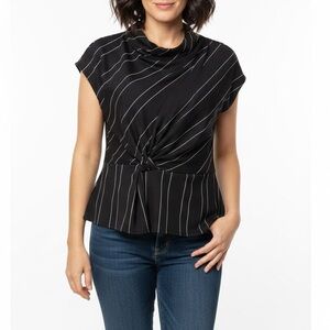 Melloday Womens XL Black Pinstripe Twist Front Blouse Cap Sleeve Career NWT